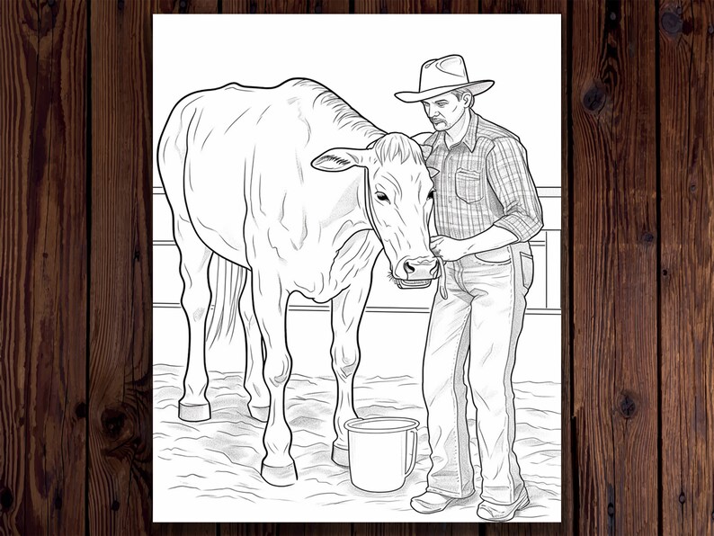 May include: A black and white line drawing of a cowboy in a hat and plaid shirt, standing next to a cow. The cowboy is holding a rope and the cow is looking at the cowboy.