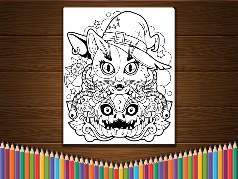 Halloween Cat Coloring Pages for Kids Trick or Treat Coloring - Etsy