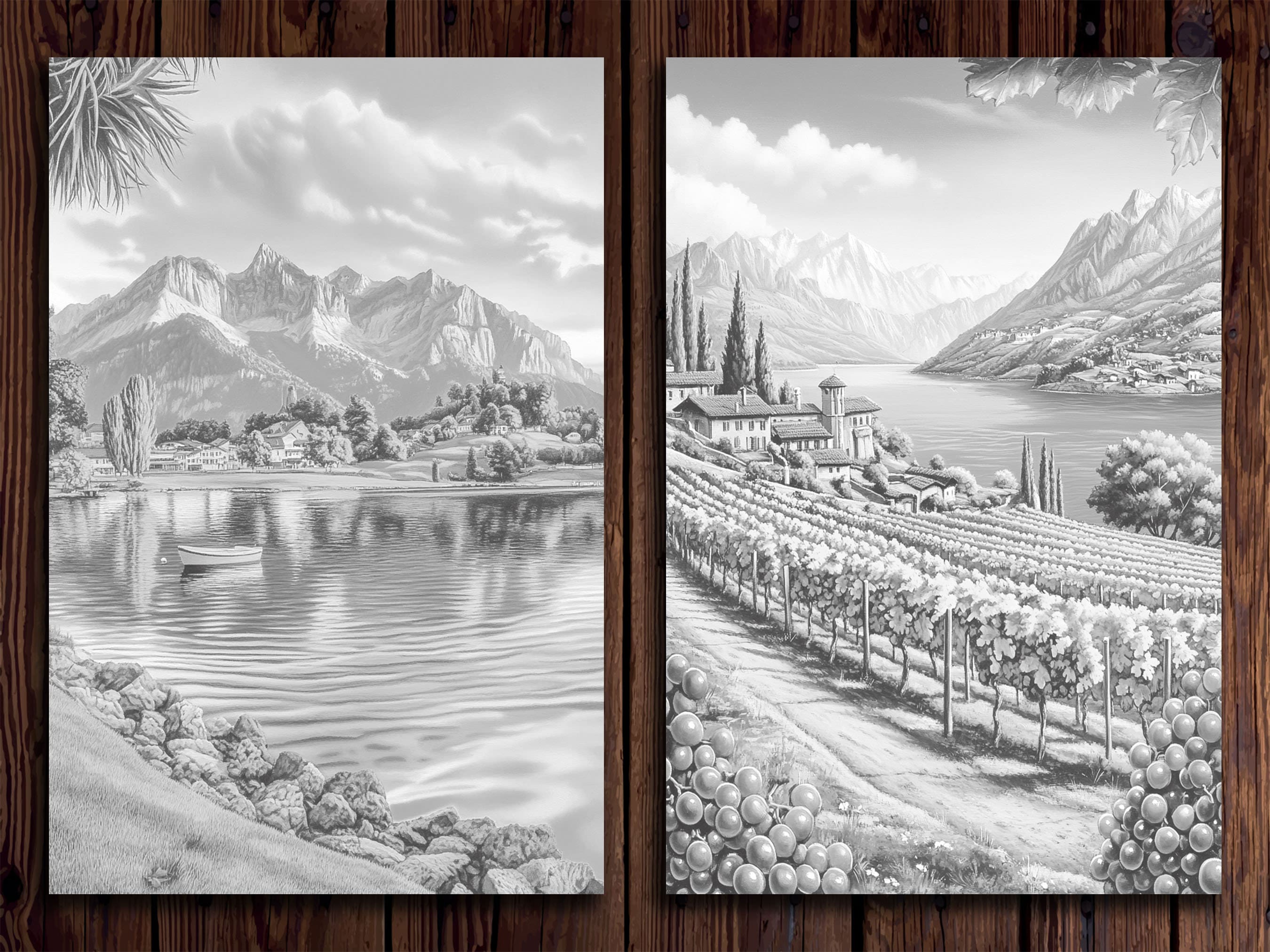 スイスの風景の塗り絵：グレースケールの山のアート（印刷可能なPDF