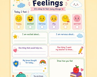 May include: A My First Day Feelings worksheet featuring colorful illustrations of a sun, clouds, a backpack, and an apple on books. The page includes sections for children to identify emotions, write about their day, and draw how they feel today.