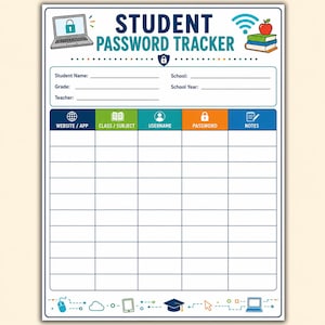 May include: A Student Password Tracker printable sheet with a header featuring a laptop, a stack of books, and an apple. The form includes fields for student details and a grid with columns for website, class, username, password, and notes.