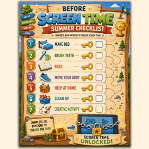 Before Screen Time Summer Checklist Printable | Daily Routine Chart, Kids Responsibility Checklist