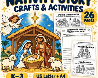 Nativity Story Craft and Activity Pack for Kids, Christmas Bible Worksheets and Mini Book