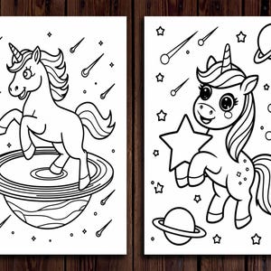 May include: Two black and white illustrations of unicorns. One unicorn stands on a planet, surrounded by shooting stars. The other unicorn holds a star, with a planet and stars in the background. Both images are suitable for coloring.