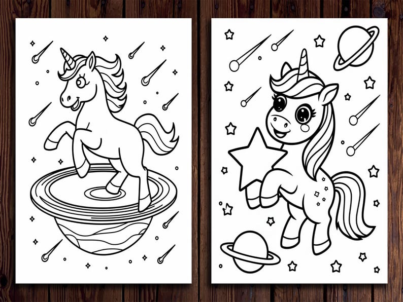 May include: Two black and white illustrations of unicorns. One unicorn stands on a planet, surrounded by shooting stars. The other unicorn holds a star, with a planet and stars in the background. Both images are suitable for coloring.
