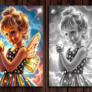 May include: A young girl with blonde hair and a colorful dress holds a star in her hand. She has a pair of butterfly wings behind her. The background is a starry sky with clouds.