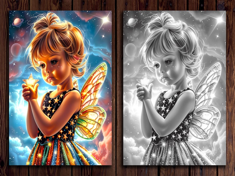 May include: A young girl with blonde hair and a colorful dress holds a star in her hand. She has a pair of butterfly wings behind her. The background is a starry sky with clouds.