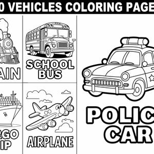 乗り物の塗り絵のデジタルダウンロード | 子供向けの楽しくて教育的なデザイン 20 選 | 車、トラック、飛行機、乗り物の楽しみ