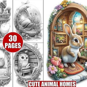 May include: A collection of 30 colouring pages featuring cute animals in their homes. The pages include a squirrel in a treehouse, a snail in a mushroom house, an owl in a library, and a rabbit in a flower-filled cottage.  "Cute Animal Homes" is written at the bottom of the image.