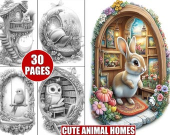30 Printable Cute Animal Homes Coloring Pages in Grayscale for Adults, Whimsical Animal Habitats & Cozy Nature Scenes, Creative Coloring PDF