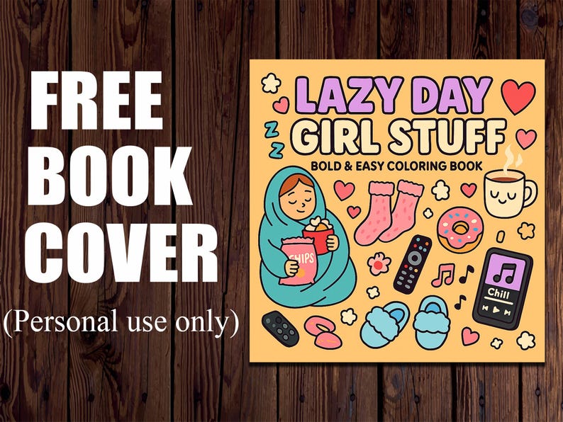 May include: A book cover with the text "FREE BOOK COVER" and "(Personal use only)". The cover features the words "LAZY DAY GIRL STUFF" and illustrations of snacks, socks, a remote, and a phone with the word "Chill".