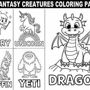 Fantasy Creatures Coloring Pages Digital Download | 20 Whimsical and Mythical Designs for Kids | Dragons, Unicorns, Fairies, and More