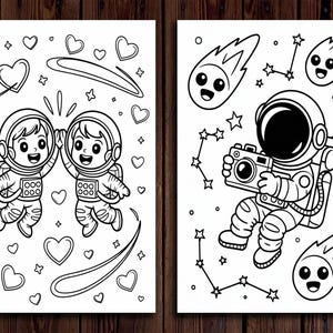 May include: Two black and white illustrations of astronauts and space-themed elements. One shows two astronauts high-fiving, surrounded by hearts and shooting stars. The other depicts an astronaut with a camera, surrounded by stars and comets.
