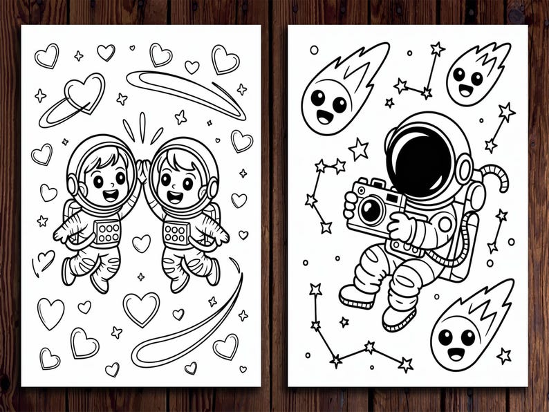 May include: Two black and white illustrations of astronauts and space-themed elements. One shows two astronauts high-fiving, surrounded by hearts and shooting stars. The other depicts an astronaut with a camera, surrounded by stars and comets.