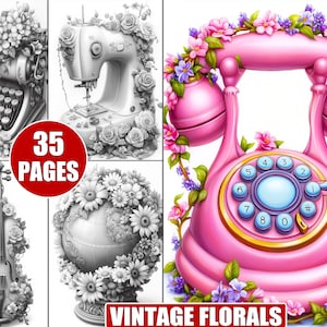 Puede incluir: Un conjunto de 35 páginas para colorear que presentan objetos vintage adornados con diseños florales. Las imágenes incluyen una máquina de escribir, una máquina de coser, un globo terráqueo, un violín y un teléfono de disco.