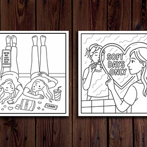 May include: Two black and white illustrations. One shows two people lying on the floor with their legs up, a phone with text, and snacks. The other shows a person brushing their teeth in front of a heart-shaped mirror with the text "SOFT DAYS ONLY."