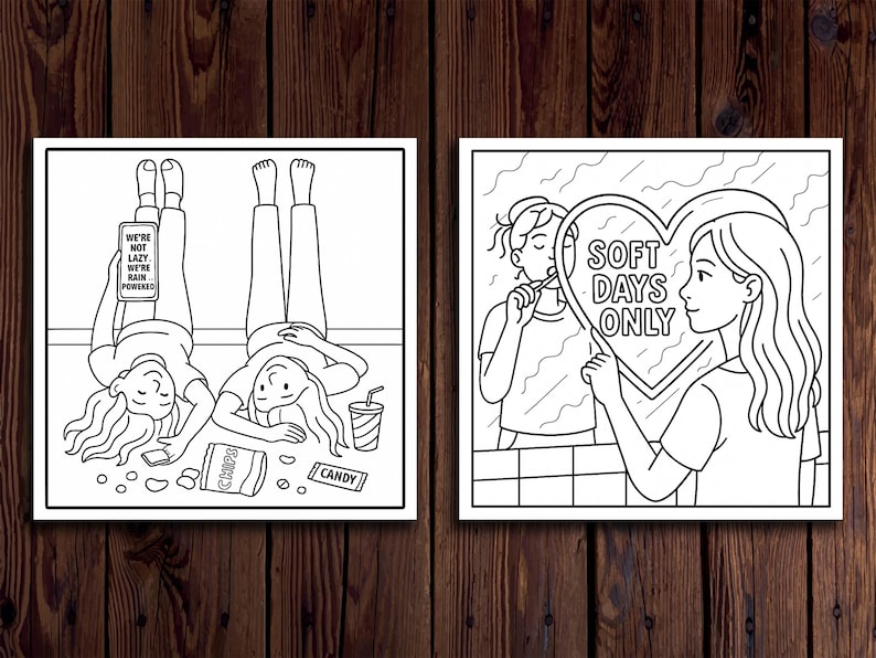 May include: Two black and white illustrations. One shows two people lying on the floor with their legs up, a phone with text, and snacks. The other shows a person brushing their teeth in front of a heart-shaped mirror with the text "SOFT DAYS ONLY."