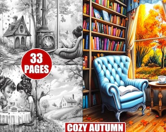 Cozy Autumn Coloring Pages: Grayscale Fall Scenes (Printable PDF)