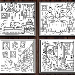 K&ouml;nnte beinhalten: Vier Schwarz-Wei&szlig;-Illustrationen von gruseligen Szenen. Eine zeigt ein Wohnzimmer mit einer Katze auf einem Sofa, eine weitere ein Esszimmer mit Geistern, eine dritte eine Treppe mit Portr&auml;ts und die letzte ein Schlafzimmer mit einem Geist im Bett.