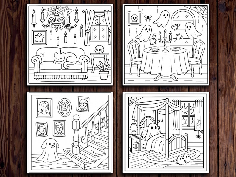 K&ouml;nnte beinhalten: Vier Schwarz-Wei&szlig;-Illustrationen von gruseligen Szenen. Eine zeigt ein Wohnzimmer mit einer Katze auf einem Sofa, eine weitere ein Esszimmer mit Geistern, eine dritte eine Treppe mit Portr&auml;ts und die letzte ein Schlafzimmer mit einem Geist im Bett.