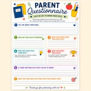 May include: A Parent Questionnaire form with seven numbered sections for school information. The document features colorful illustrations of notebooks, an apple, a pencil cup, a lightbulb, a trophy, and a target, with text prompts for parents.