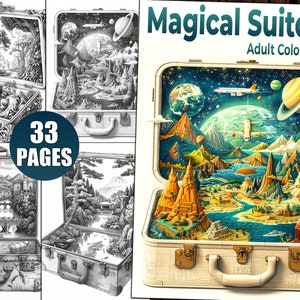 Magical Suitcase Coloring Pages for Adults, Fantasy Coloring Book for Relaxation & Stress Relief, Grayscale Coloring Sheets, Printable PDF