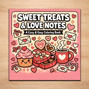 May include: A pink coloring book cover with the title "Sweet Treats & Love Notes" and the subtitle "A Cozy & Easy Coloring Book." The cover features illustrations of a cupcake, heart-shaped cookies, a heart-shaped box of chocolates, a mug of coffee, and envelopes with hearts.