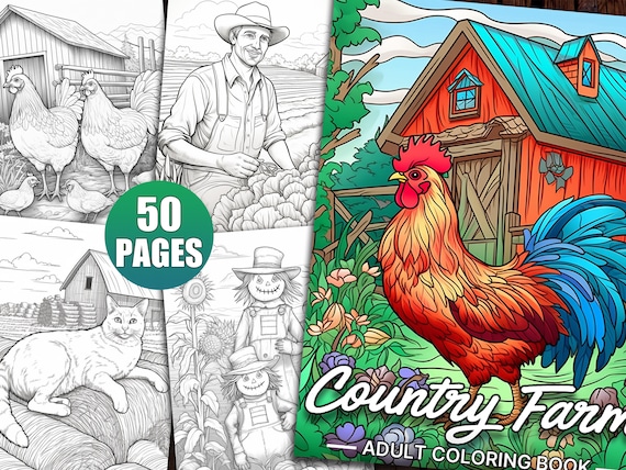 Country Farm Coloring Book: 50 Nature Scenes for Adults (Printable PDF)