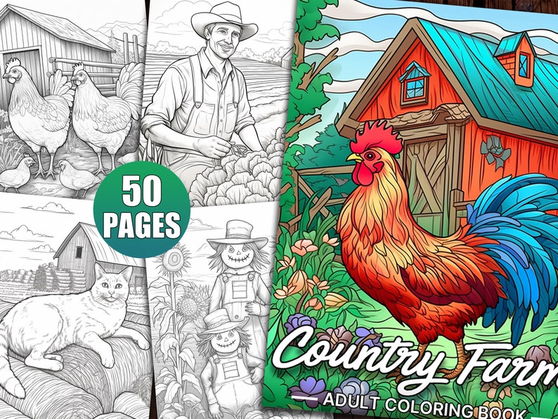 May include: A coloring book with a red barn, a rooster, and a cat. The cover features the text "Country Farm Adult Coloring Book" and "50 Pages".