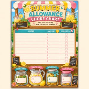 Könnte beinhalten: Ein Summer Allowance Aufgabenplaner im Limonadenstand-Design mit gelben und rosa Akzenten. Er enthält Felder für Name, Woche, Aufgaben, Dollarbeträge und Checkboxen sowie vier Gläser zur Verfolgung von Einnahmen, Ersparnissen und Ausgaben.