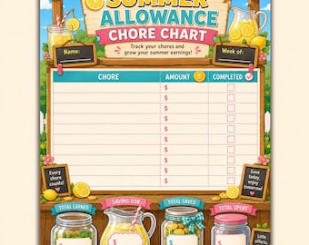 Summer Allowance Chore Chart Printable | Kids Money Tracker, Weekly Earnings, Saving & Spending Chart