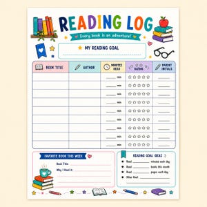 Op de afbeelding: Een kleurrijk printbaar leeslogboek met de tekst READING LOG en Every book is an adventure. Het bevat secties voor boektitel, auteur, gelezen minuten, beoordeling, initialen van ouders, plus een sectie voor favoriete boeken en leesdoelen.