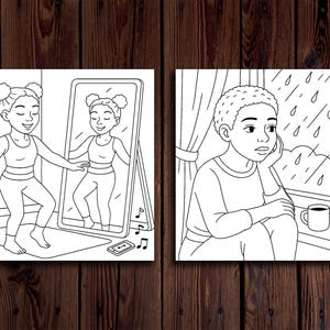 May include: Two black and white illustrations. The first shows a girl in a yoga pose looking at her reflection in a mirror. The second shows a person sitting by a window looking out at the rain.