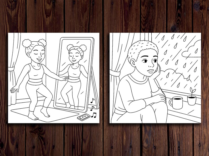 May include: Two black and white illustrations. The first shows a girl in a yoga pose looking at her reflection in a mirror. The second shows a person sitting by a window looking out at the rain.