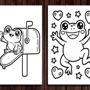 May include: Two black and white illustrations. One shows a cartoon frog holding a letter that says "Greetings!" next to a mailbox. The other shows a cartoon frog with hearts and stars.