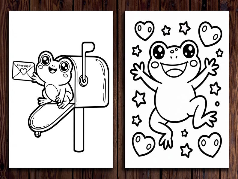 May include: Two black and white illustrations. One shows a cartoon frog holding a letter that says "Greetings!" next to a mailbox. The other shows a cartoon frog with hearts and stars.