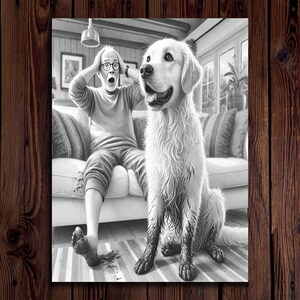May include: A black and white illustration of a man with his hands on his head looking shocked, sitting on a couch next to a muddy golden retriever dog.