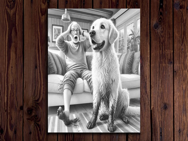 May include: A black and white illustration of a man with his hands on his head looking shocked, sitting on a couch next to a muddy golden retriever dog.
