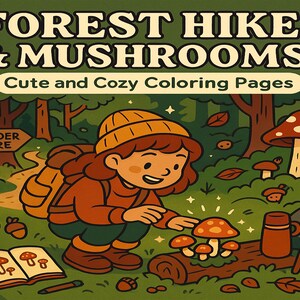Forest Hikes & Mushrooms Coloring Pages: Whimsical Woodland Adventures (Digital Download) image 1