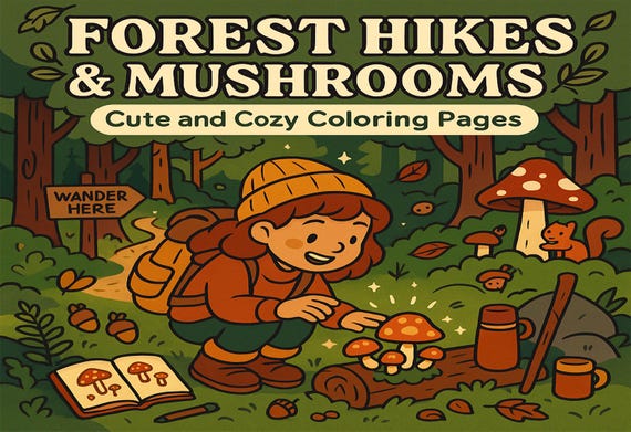 Forest Hikes & Mushrooms Coloring Pages: Whimsical Woodland Adventures (Digital Download)