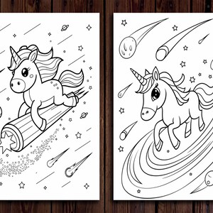 May include: Two black and white illustrations of unicorns in space. One unicorn is riding a comet, and the other is running through a swirl of lines. Both images have stars, planets, and shooting stars.