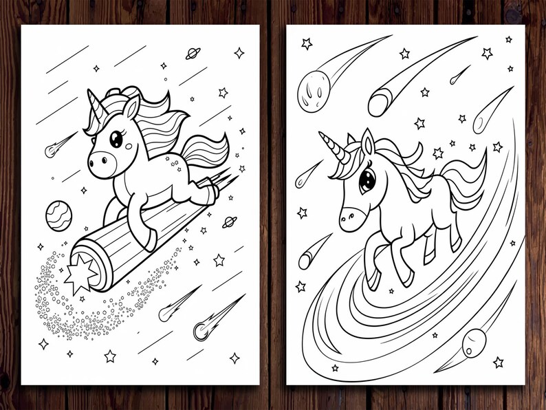 May include: Two black and white illustrations of unicorns in space. One unicorn is riding a comet, and the other is running through a swirl of lines. Both images have stars, planets, and shooting stars.