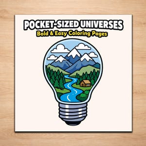 May include: A square print with a lightbulb design containing a landscape scene. The scene includes mountains, a river, trees, and a cabin. The text "POCKET-SIZED UNIVERSES Bold & Easy Coloring Pages" is at the top of the image.
