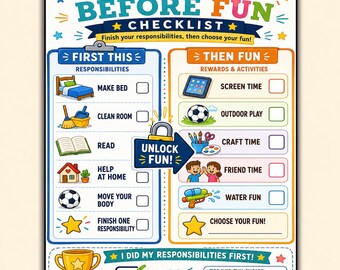 Chores Before Fun Checklist Printable | Kids Responsibility Chart, Screen Time Routine