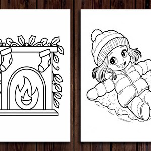 May include: A black and white coloring page featuring two winter scenes. The first scene shows a fireplace with stockings hanging from the mantle. The second scene shows a girl in a winter hat and coat sledding down a hill.
