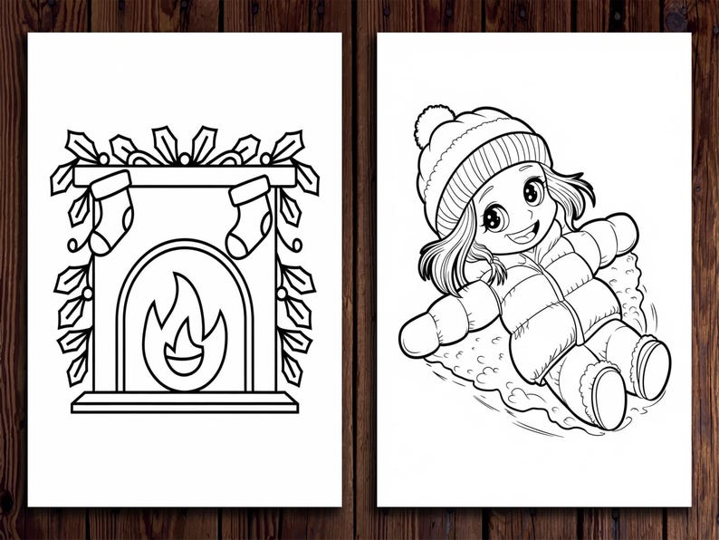 May include: A black and white coloring page featuring two winter scenes. The first scene shows a fireplace with stockings hanging from the mantle. The second scene shows a girl in a winter hat and coat sledding down a hill.