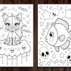 May include: Two black and white coloring pages featuring cute, stitched characters. The first page shows a cat sitting on a cloud with skulls and stars. The second page shows a fish with skulls, stars, and bones.