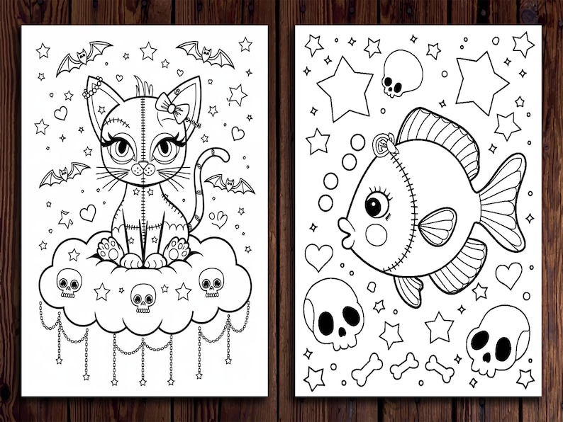 May include: Two black and white coloring pages featuring cute, stitched characters. The first page shows a cat sitting on a cloud with skulls and stars. The second page shows a fish with skulls, stars, and bones.