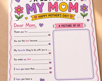 Mother’s Day Letter to Mom Printable, Fill In the Blank Gift from Kids, Coloring Worksheet