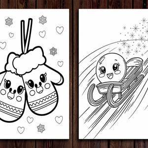 May include: A black and white coloring page featuring two mittens with smiling faces and a snowman sledding down a hill.